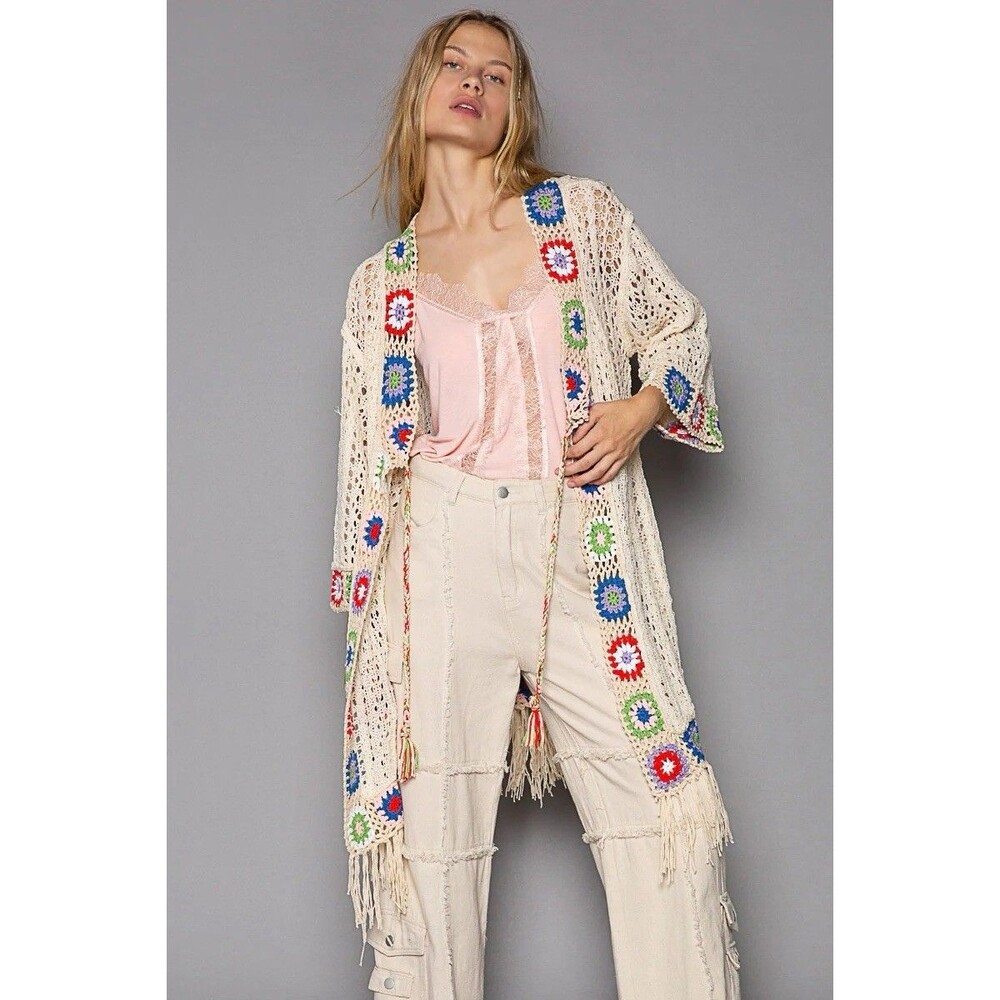 POL Crochet Open Front Cardigan Granny Square Multicolor Retro One Size